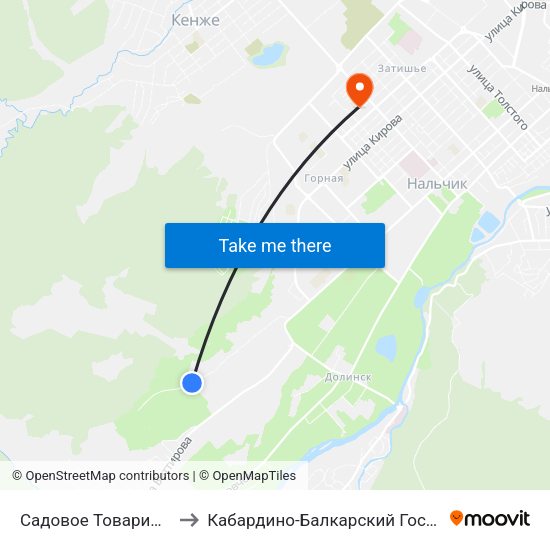 Садовое Товарищество Мичуринец to Кабардино-Балкарский Государственный Университет map