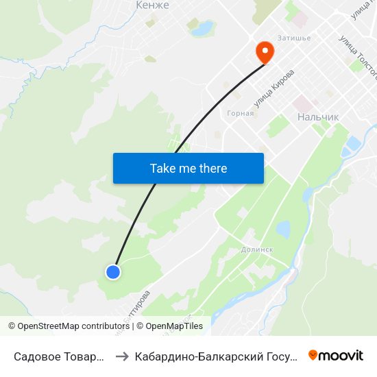 Садовое Товарищество Родник to Кабардино-Балкарский Государственный Университет map