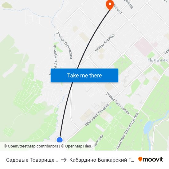 Садовые Товарищества Спутник И Дружба to Кабардино-Балкарский Государственный Университет map