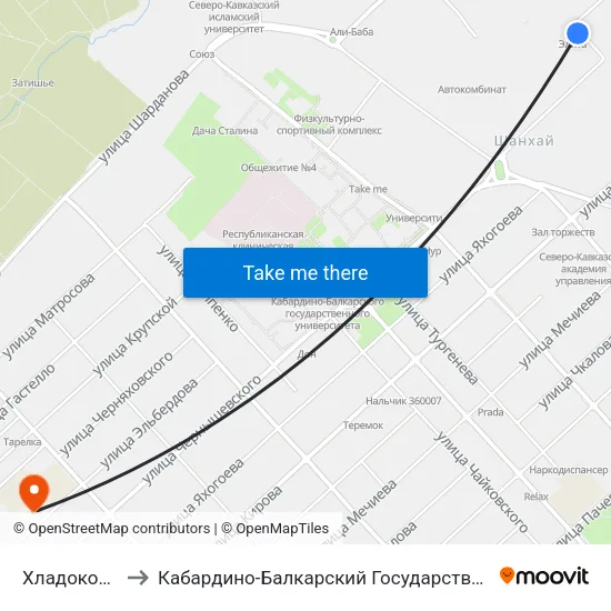 Хладокомбинат to Кабардино-Балкарский Государственный Университет map