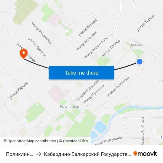Поликлиника №3 to Кабардино-Балкарский Государственный Университет map