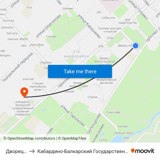 Дворец Спорта to Кабардино-Балкарский Государственный Аграрный Университет map