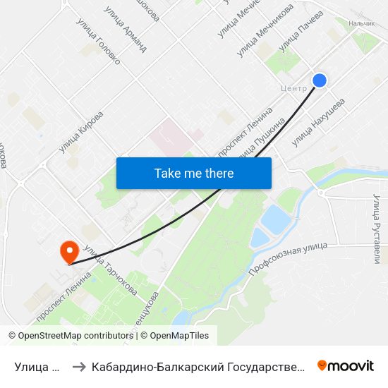 Улица Пушкина to Кабардино-Балкарский Государственный Аграрный Университет map