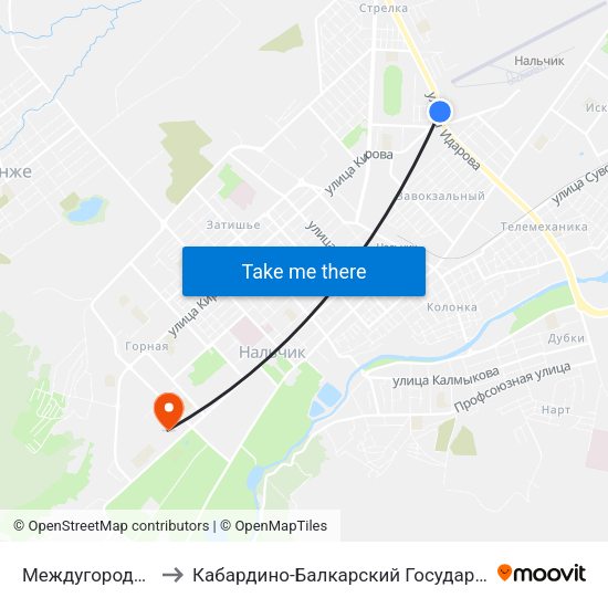 Междугородный Автовокзал to Кабардино-Балкарский Государственный Аграрный Университет map