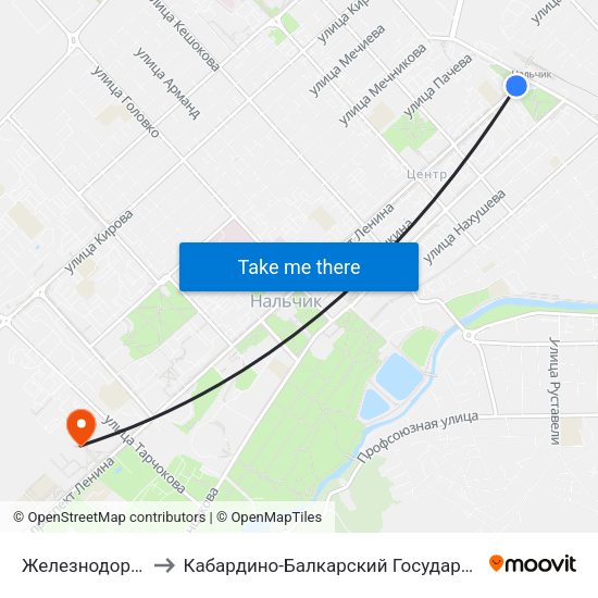 Железнодорожный Вокзал to Кабардино-Балкарский Государственный Аграрный Университет map