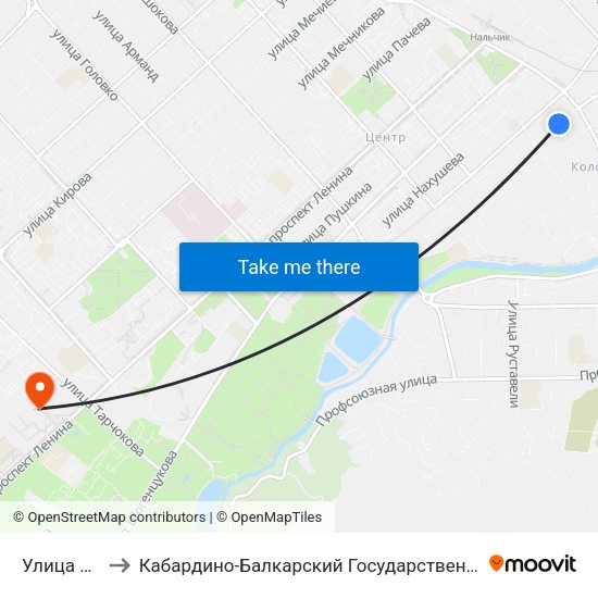 Улица Козлова to Кабардино-Балкарский Государственный Аграрный Университет map