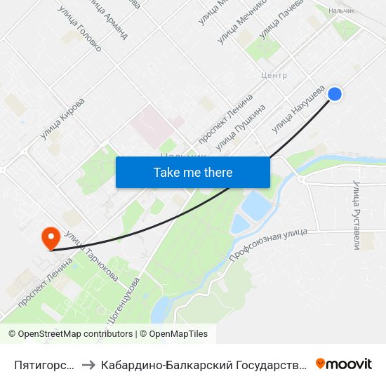 Пятигорская Улица to Кабардино-Балкарский Государственный Аграрный Университет map