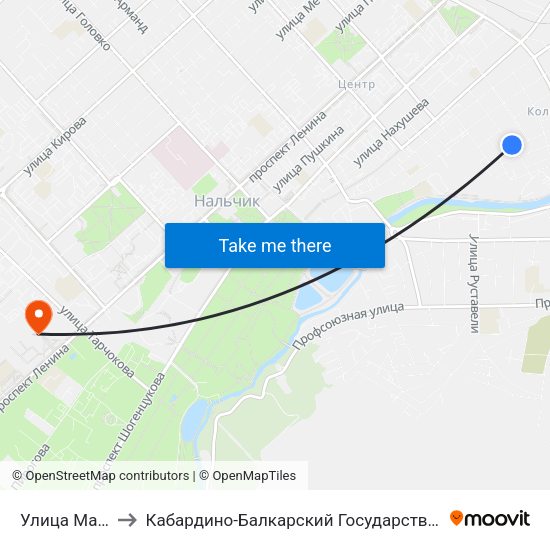 Улица Маяковского to Кабардино-Балкарский Государственный Аграрный Университет map
