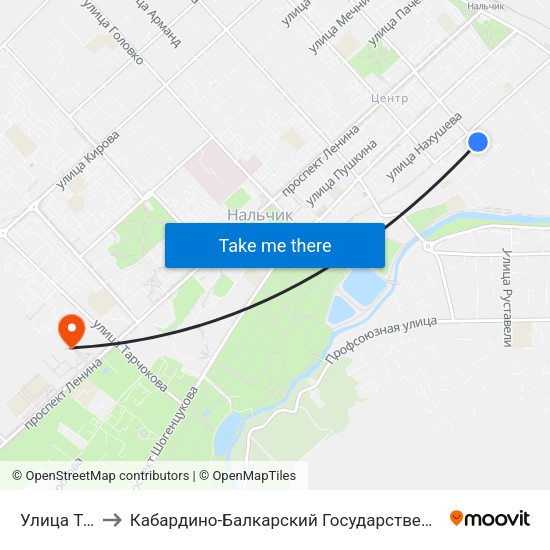 Улица Толстого to Кабардино-Балкарский Государственный Аграрный Университет map