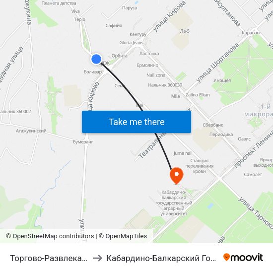 Торгово-Развлекательный Комплекс Галерея to Кабардино-Балкарский Государственный Аграрный Университет map