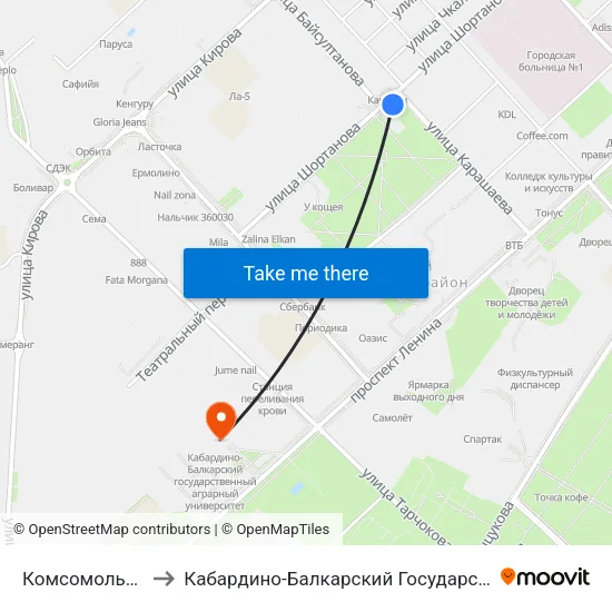 Комсомольская Площадь to Кабардино-Балкарский Государственный Аграрный Университет map
