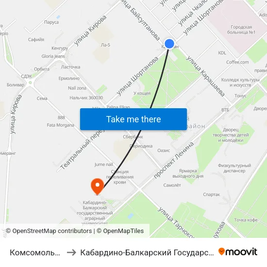 Комсомольская Площадь to Кабардино-Балкарский Государственный Аграрный Университет map