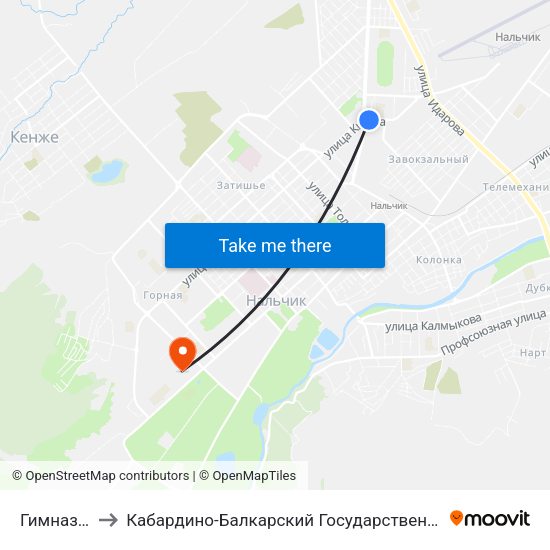 Гимназия №13 to Кабардино-Балкарский Государственный Аграрный Университет map