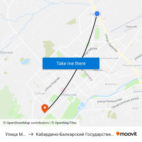Улица Мовсисяна to Кабардино-Балкарский Государственный Аграрный Университет map