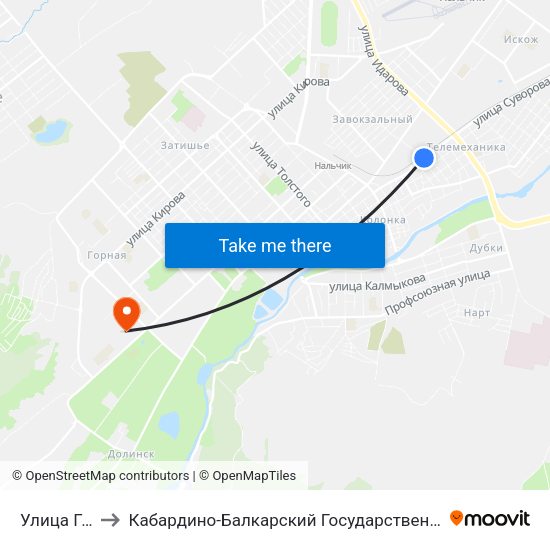 Улица Геттуева to Кабардино-Балкарский Государственный Аграрный Университет map