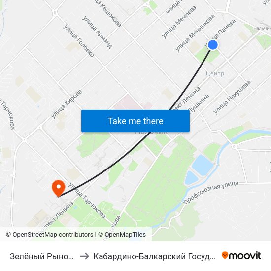 Зелёный Рынок / Сквер 400-Летия to Кабардино-Балкарский Государственный Аграрный Университет map