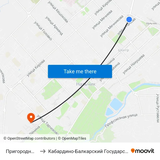Пригородный Автовокзал to Кабардино-Балкарский Государственный Аграрный Университет map