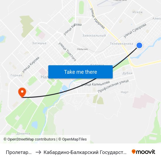 Пролетарская Улица to Кабардино-Балкарский Государственный Аграрный Университет map