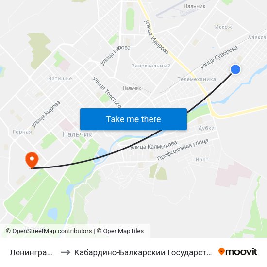 Ленинградская Улица to Кабардино-Балкарский Государственный Аграрный Университет map