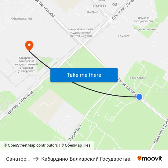 Санаторий Терек to Кабардино-Балкарский Государственный Аграрный Университет map