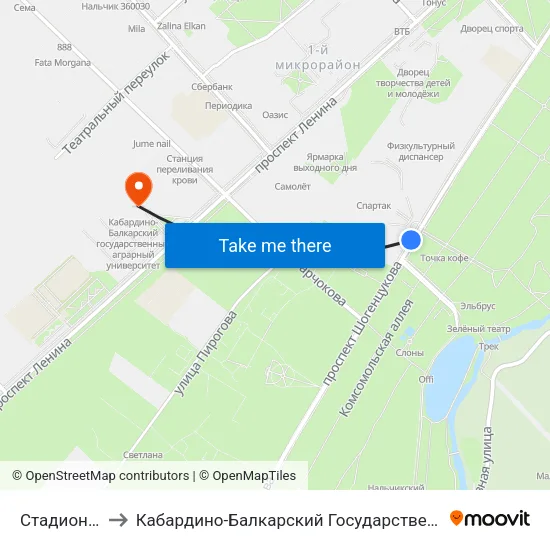 Стадион Спартак to Кабардино-Балкарский Государственный Аграрный Университет map
