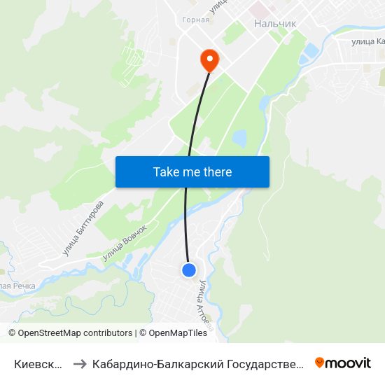 Киевская Улица to Кабардино-Балкарский Государственный Аграрный Университет map