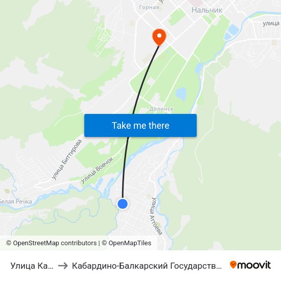 Улица Калабекова to Кабардино-Балкарский Государственный Аграрный Университет map