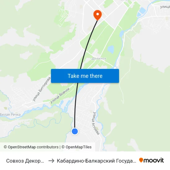 Совхоз Декоративные Культуры to Кабардино-Балкарский Государственный Аграрный Университет map