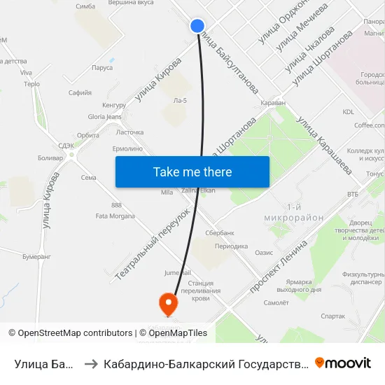 Улица Байсултанова to Кабардино-Балкарский Государственный Аграрный Университет map