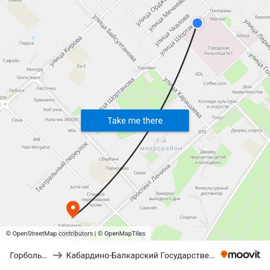 Горбольница №1 to Кабардино-Балкарский Государственный Аграрный Университет map
