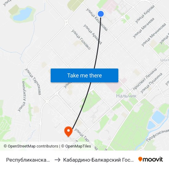 Республиканская Клиническая Больница to Кабардино-Балкарский Государственный Аграрный Университет map