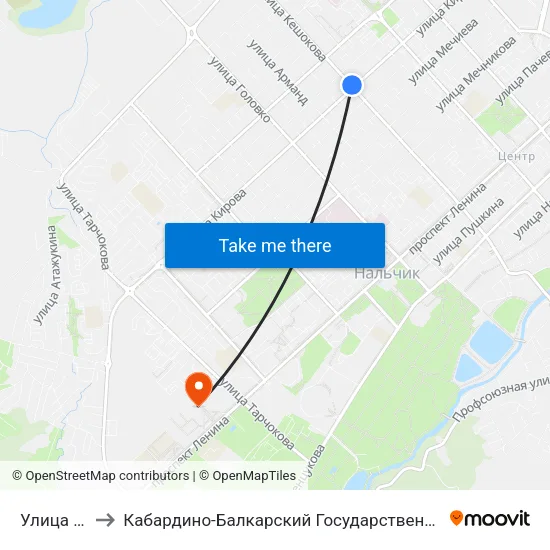 Улица Кирова to Кабардино-Балкарский Государственный Аграрный Университет map