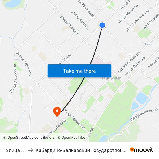 Улица Кирова to Кабардино-Балкарский Государственный Аграрный Университет map