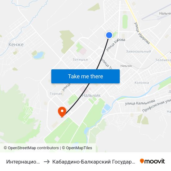 Интернациональная Улица to Кабардино-Балкарский Государственный Аграрный Университет map