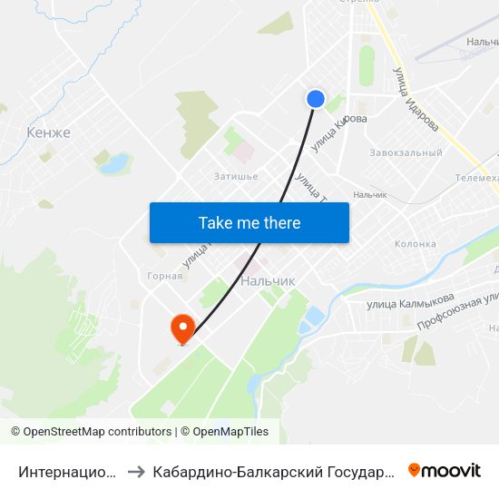 Интернациональная Улица to Кабардино-Балкарский Государственный Аграрный Университет map