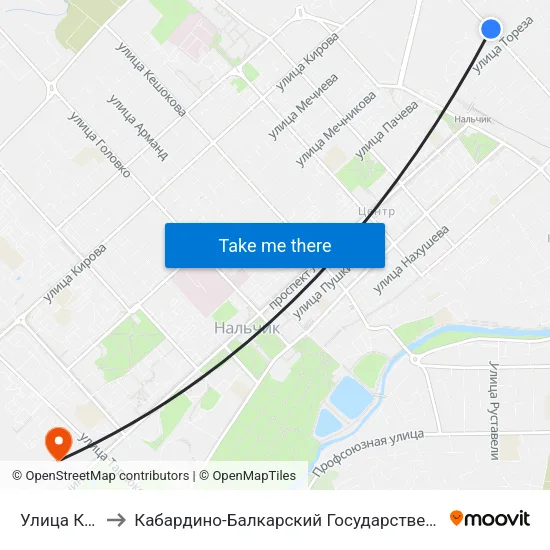 Улица Киримова to Кабардино-Балкарский Государственный Аграрный Университет map