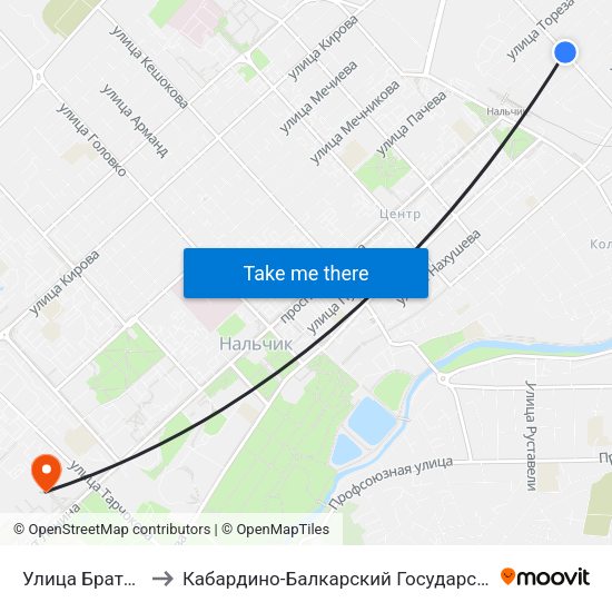 Улица Братьев Кушховых to Кабардино-Балкарский Государственный Аграрный Университет map
