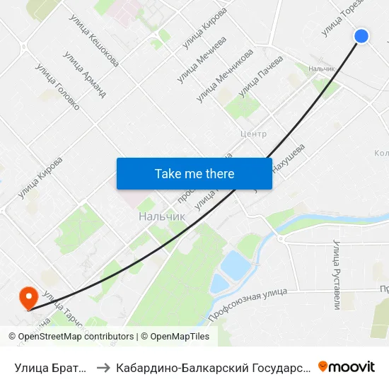 Улица Братьев Кушховых to Кабардино-Балкарский Государственный Аграрный Университет map