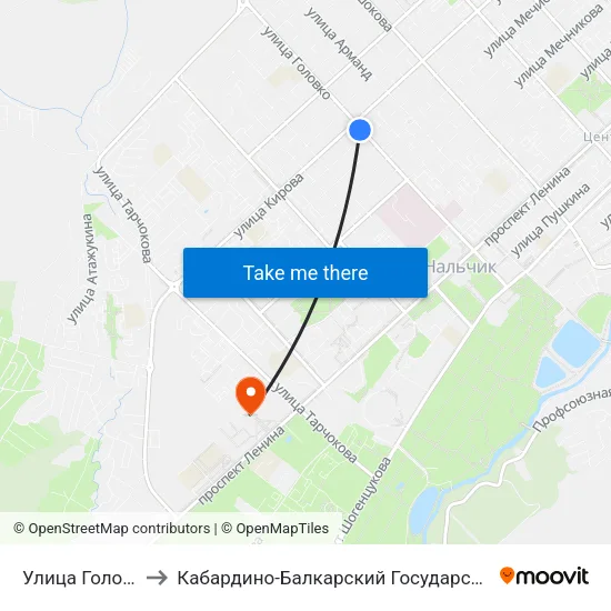 Улица Головко / Кирова to Кабардино-Балкарский Государственный Аграрный Университет map