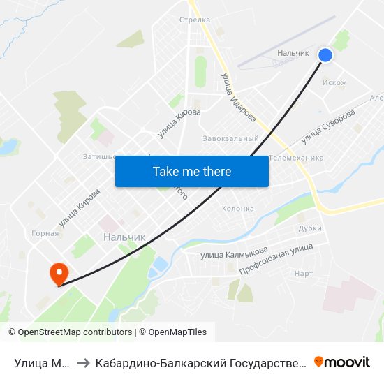 Улица Мусукаева to Кабардино-Балкарский Государственный Аграрный Университет map