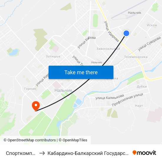 Спорткомплекс Кабарда to Кабардино-Балкарский Государственный Аграрный Университет map
