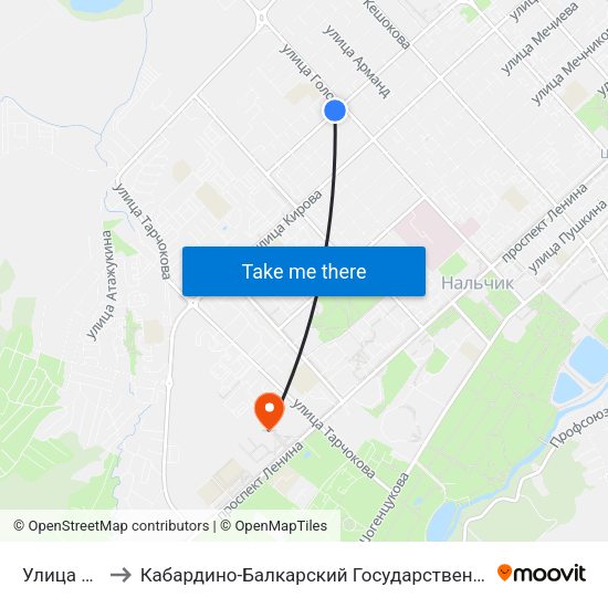Улица Головко to Кабардино-Балкарский Государственный Аграрный Университет map