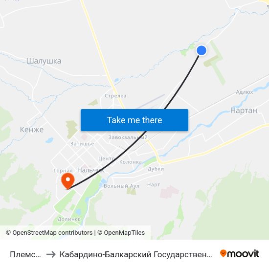 Племстанция to Кабардино-Балкарский Государственный Аграрный Университет map