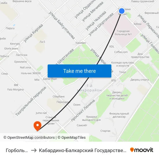 Горбольница №1 to Кабардино-Балкарский Государственный Аграрный Университет map