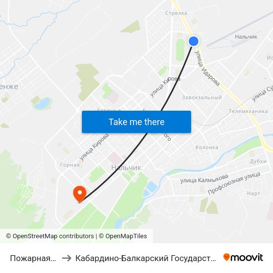 Пожарная Часть №19 to Кабардино-Балкарский Государственный Аграрный Университет map