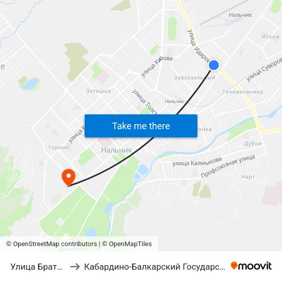 Улица Братьев Кушховых to Кабардино-Балкарский Государственный Аграрный Университет map