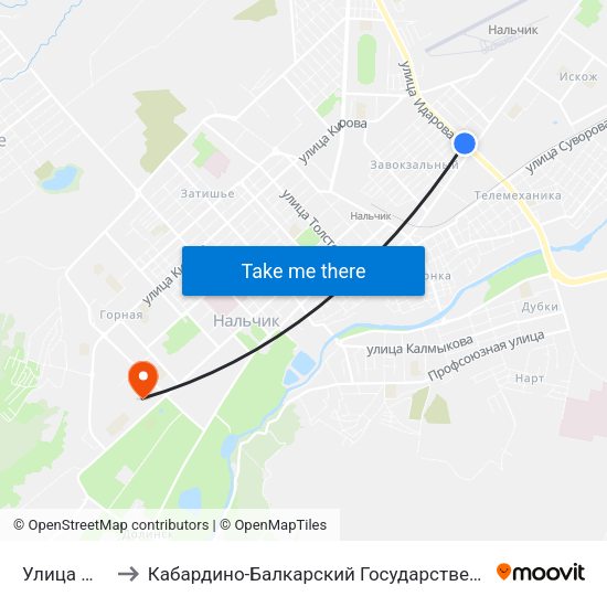 Улица Мичурина to Кабардино-Балкарский Государственный Аграрный Университет map