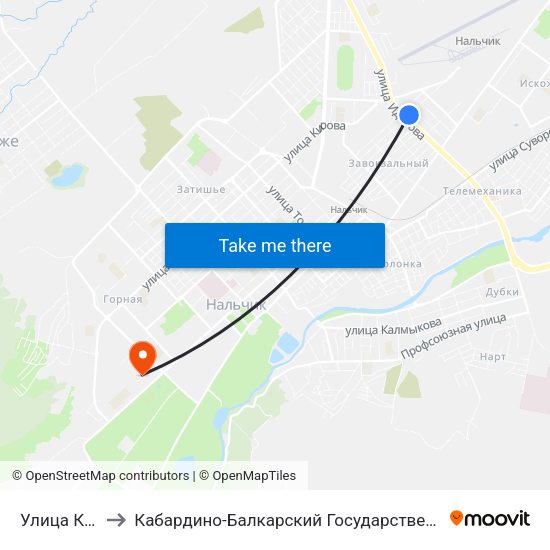 Улица Киримова to Кабардино-Балкарский Государственный Аграрный Университет map
