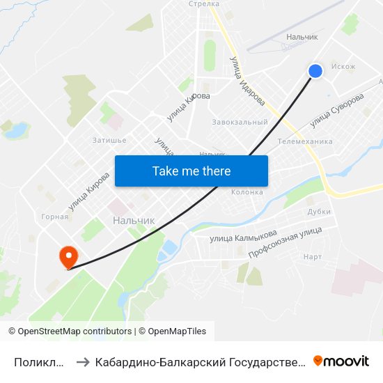 Поликлиника №2 to Кабардино-Балкарский Государственный Аграрный Университет map