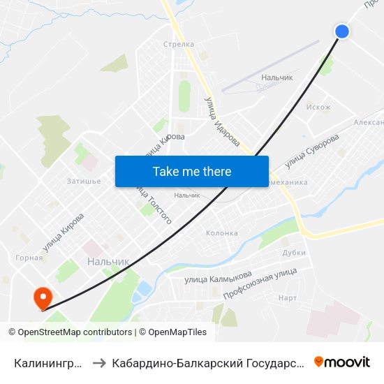 Калининградская Улица to Кабардино-Балкарский Государственный Аграрный Университет map